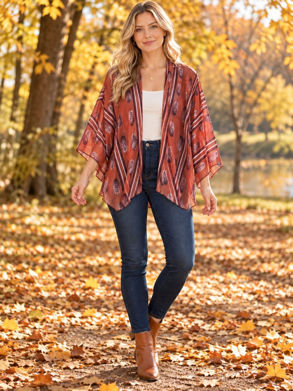 Ardene Rust Orange Feather Print Sheer Kimono Open Front Boho Cardigan Fall Autu